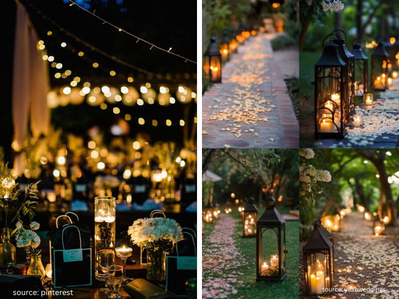 Candlelit backyard wedding tablescape with glowing lanterns and soft romantic lighting outdoors.