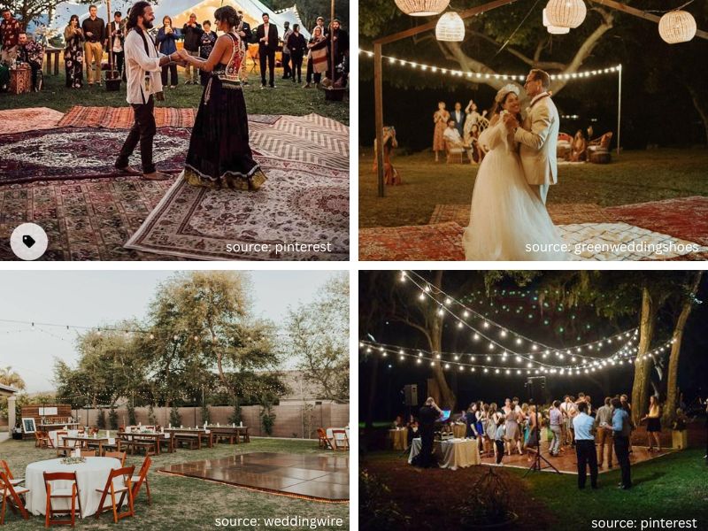 DIY backyard wedding dance floor with string lights and romantic outdoor reception decor.