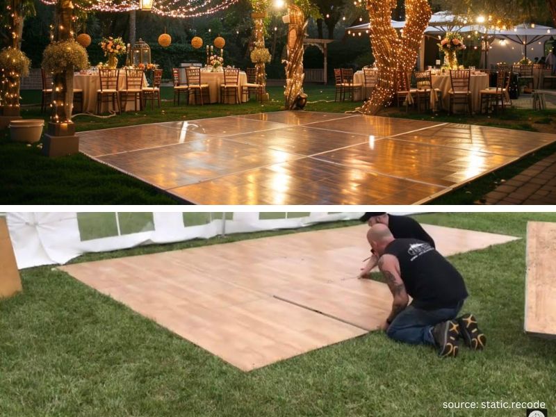 DIY backyard wedding dance floor with string lights and romantic outdoor reception decor.