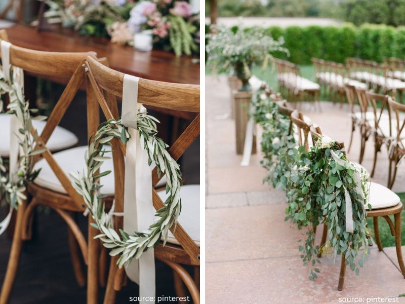 Budget-friendly backyard wedding decor featuring eucalyptus greenery and simple floral arrangements.