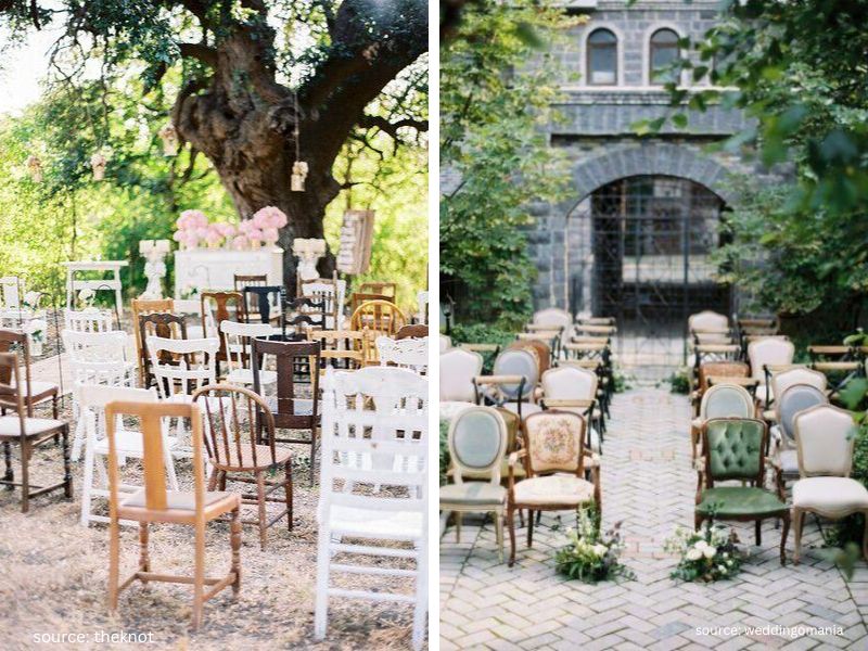 Mismatched wooden chairs styled around rustic tables at an intimate backyard wedding reception.