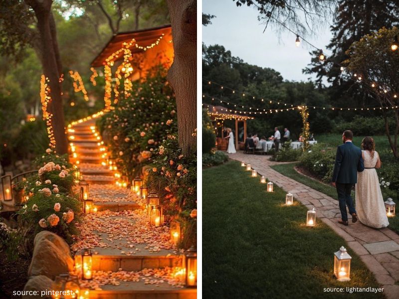 Backyard wedding entrance decorated with lanterns, candles, and a romantic welcome sign.