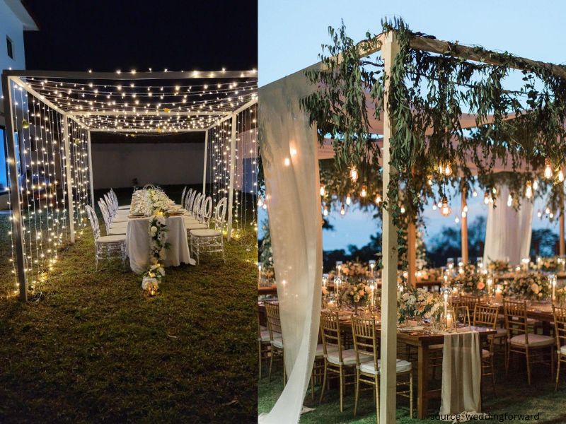 Romantic backyard wedding reception with warm string lights hanging above outdoor dining tables at night