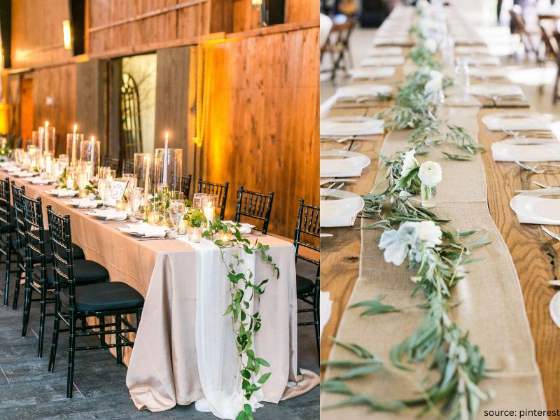Neutral gauze table runner styling for a romantic wedding tablescape on a small budget.