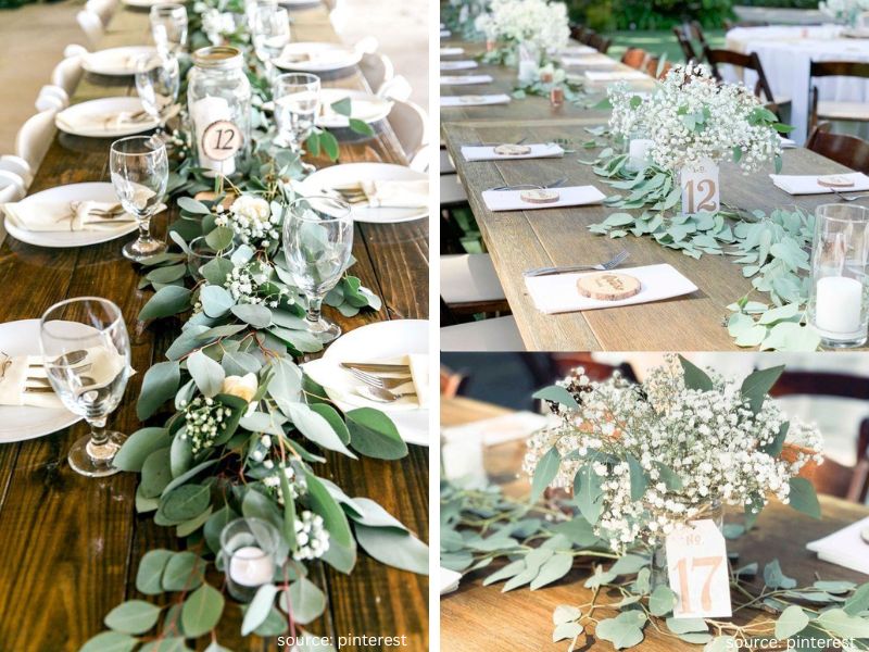 Budget-friendly backyard wedding decor featuring eucalyptus greenery and simple floral arrangements.