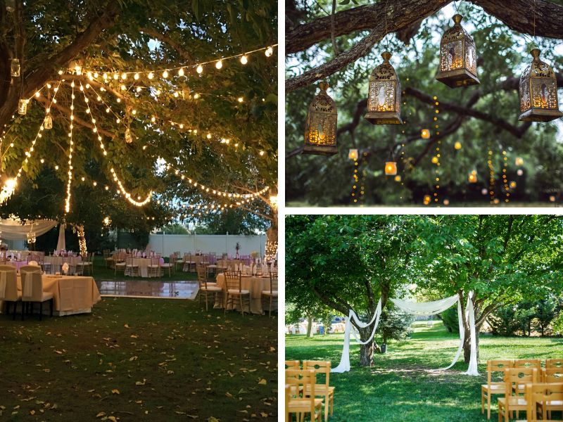 Backyard wedding trees decorated with hanging lanterns and warm fairy lights during an evening reception.