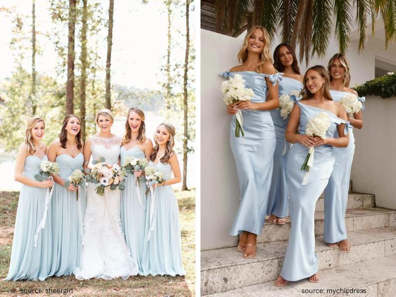 Bridesmaids in baby blue dresses creating a fresh and elegant wedding color palette.