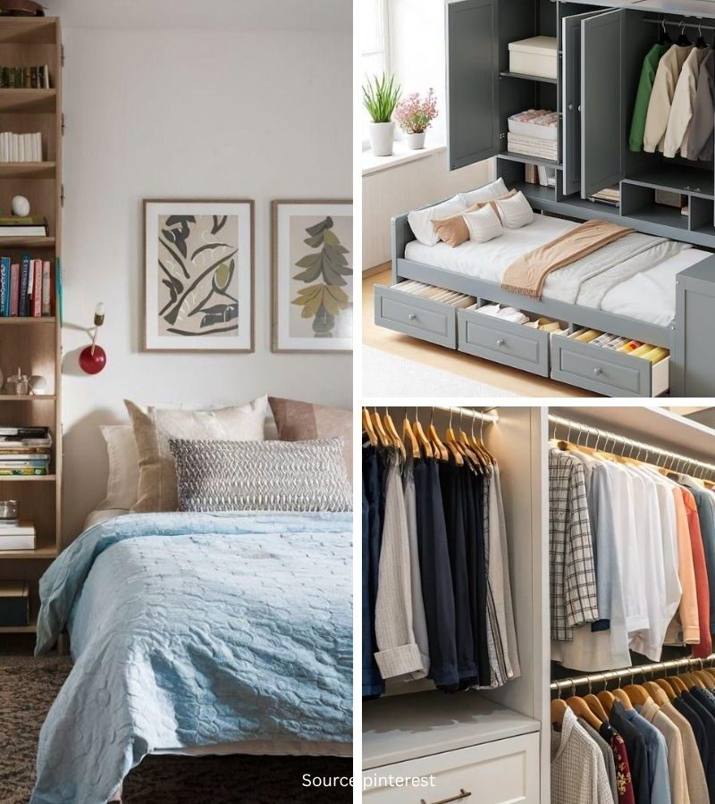 Organized bedroom featuring smart storage solutions, floating shelves, under-bed storage, and clutter-free decor.