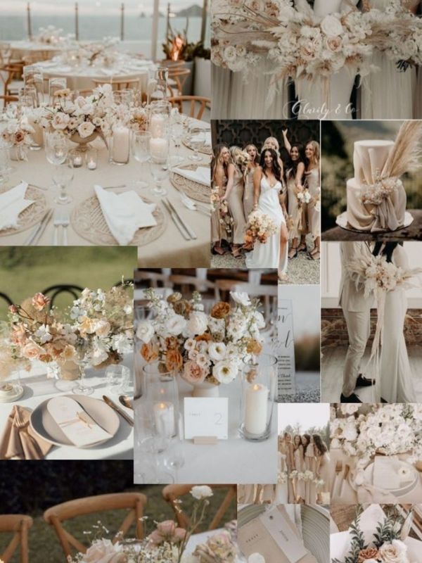 Beige taupe and white wedding mood board showcasing neutral wedding decor, soft florals, luxury tablescapes, and modern wedding styling.