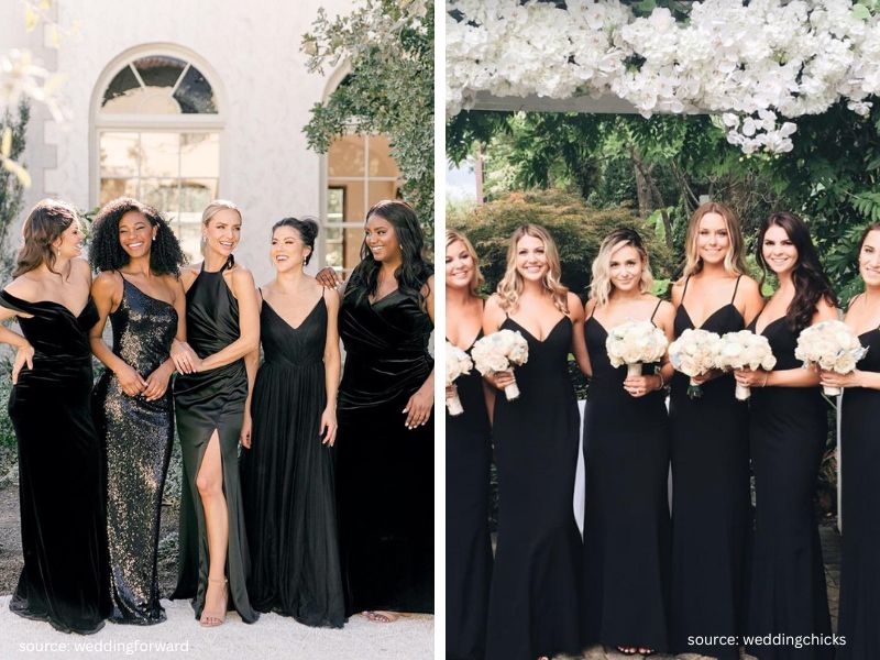 Bridesmaids wearing sleek black dresses at a modern and stylish wedding.