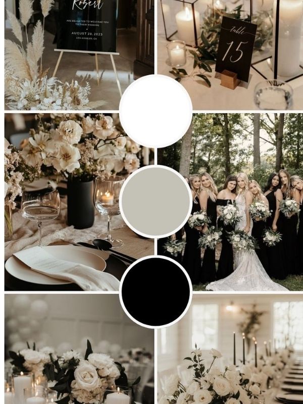 Black white and champagne wedding mood board featuring modern luxury decor, elegant florals, sophisticated reception styling, and black-tie wedding inspiration.