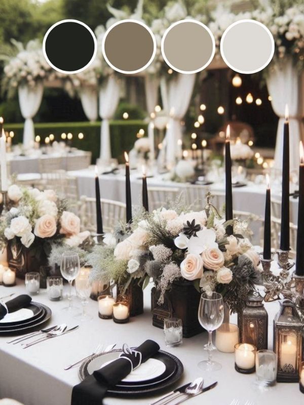 Black and nude wedding mood board with luxury wedding decor, modern tablescapes, elegant floral arrangements, and contemporary wedding styling.