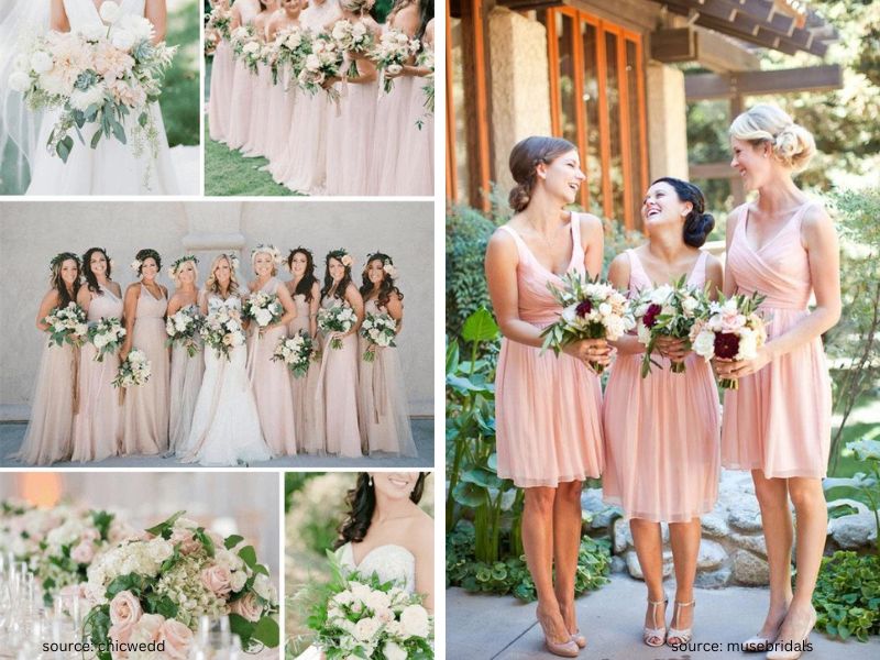 Bridesmaids wearing blush pink chiffon dresses at a romantic garden wedding.