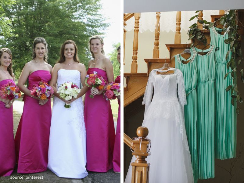 Bridesmaids in bold fuchsia dresses creating a vibrant and colorful wedding party look.