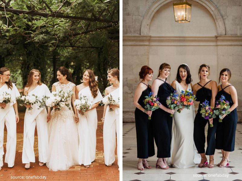 Bridesmaids wearing stylish jumpsuits as a modern alternative to traditional dresses.