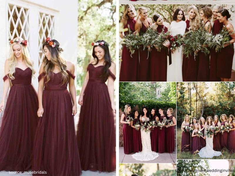 Bridal party wearing burgundy bridesmaid dresses with romantic autumn wedding flowers.