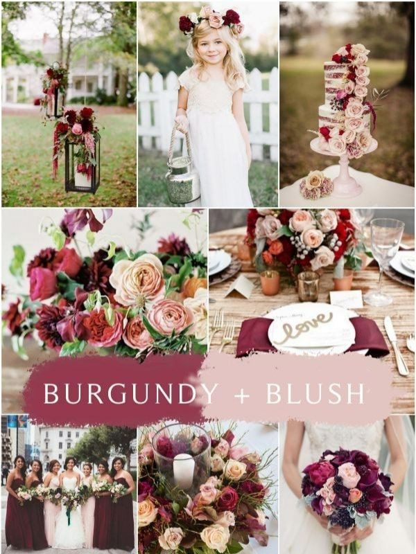 Burgundy and blush wedding color combo ideas with romantic flowers, elegant tablescapes, bridesmaid dresses, and fall wedding inspiration.