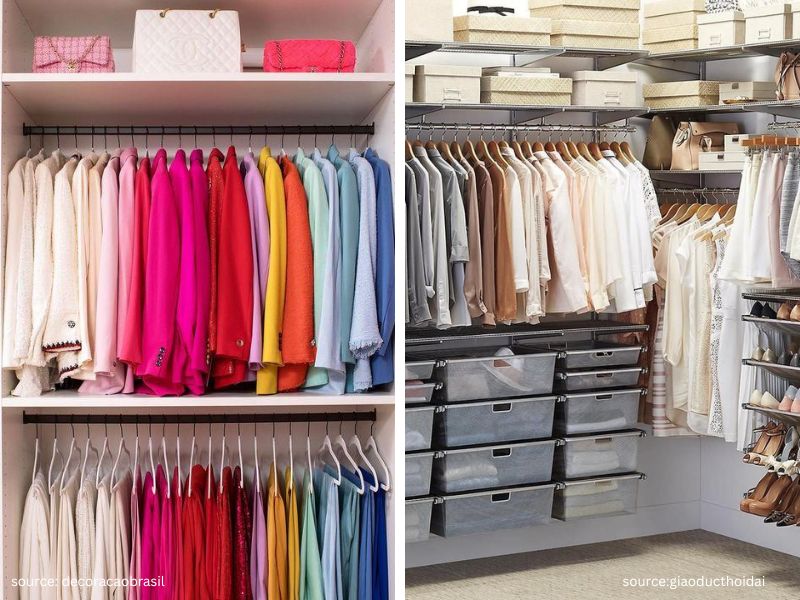 Organized closet with clothes grouped by category and color for easy outfit selection.