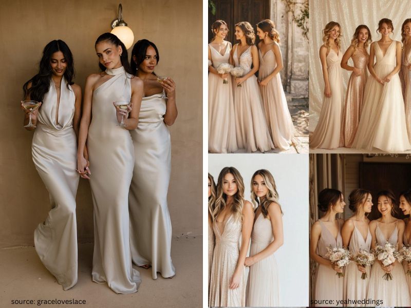 Bridesmaids in champagne satin dresses creating a soft and sophisticated wedding aesthetic.