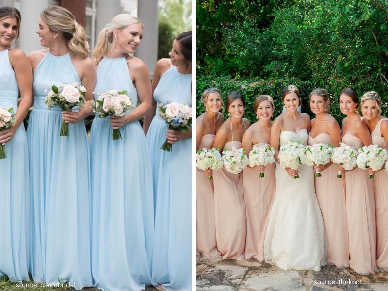 Bridesmaids wearing flowing chiffon gowns at a romantic outdoor wedding.
