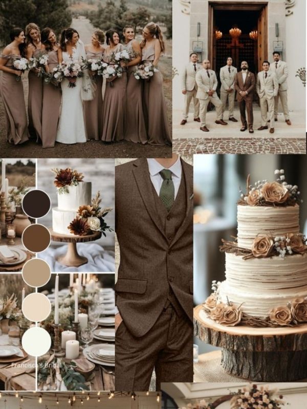 Chocolate brown and ivory wedding mood board with rich neutral decor, elegant floral arrangements, luxury reception styling, and fall wedding inspiration.