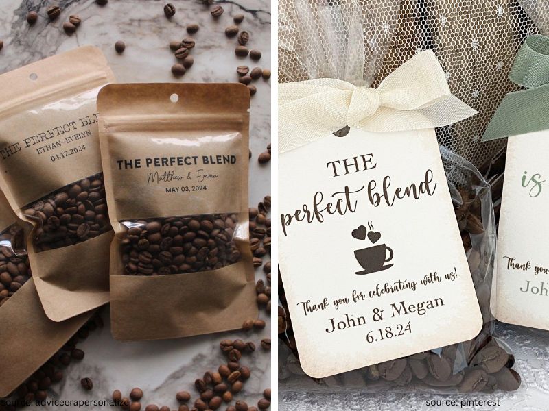 Coffee bean wedding favors in kraft bags with personalized labels and ribbon accents