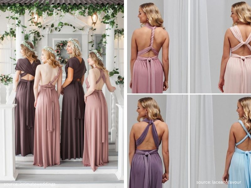 Bridesmaids wearing convertible dresses styled with different necklines and silhouettes.