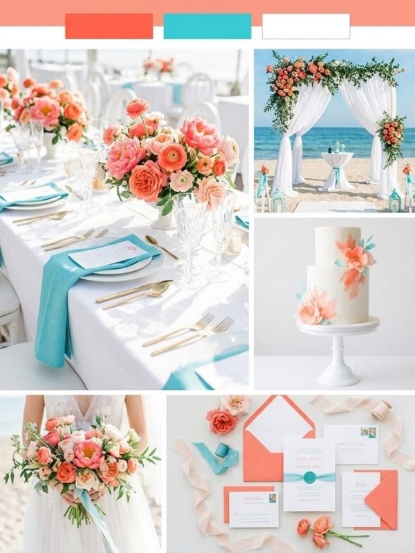 Coral and turquoise wedding mood board featuring colorful florals, tropical wedding decor, beach wedding inspiration, and vibrant reception styling.