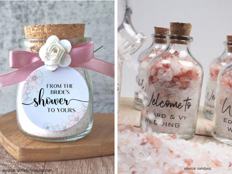 Luxury bath salt wedding favors in clear jars with dried flowers and minimalist labels