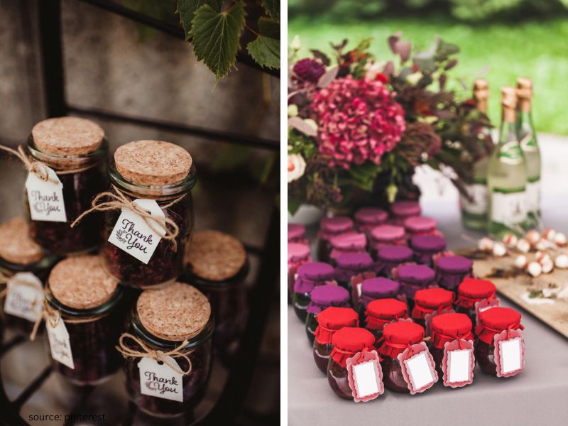 Homemade jam wedding favors in small glass jars with fabric covers and rustic tags