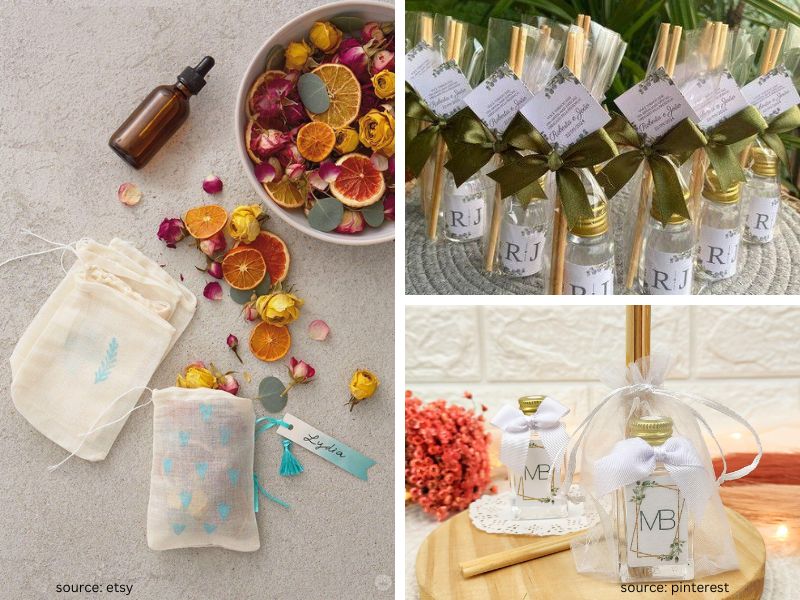 Luxury wedding fragrance favors including lavender sachets and mini reed diffuser bottles