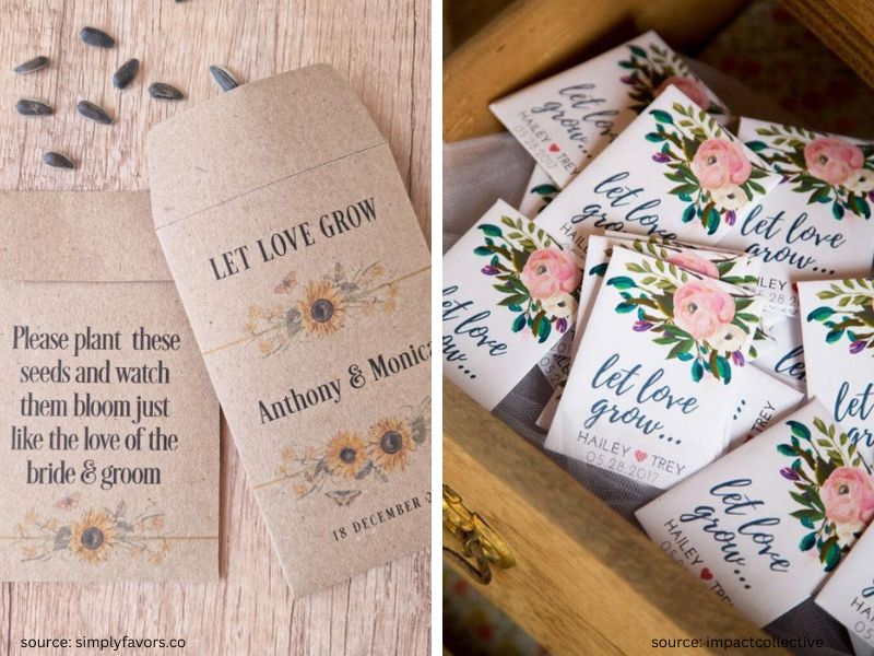 Wildflower seed packet wedding favors with romantic “let love grow” themed packaging