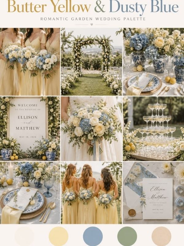 Dusty blue and butter yellow wedding mood board showcasing spring wedding flowers, pastel decor, bridesmaid dresses, and garden wedding inspiration.
