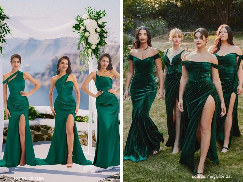 Bridesmaids in emerald green velvet dresses at a sophisticated evening wedding.