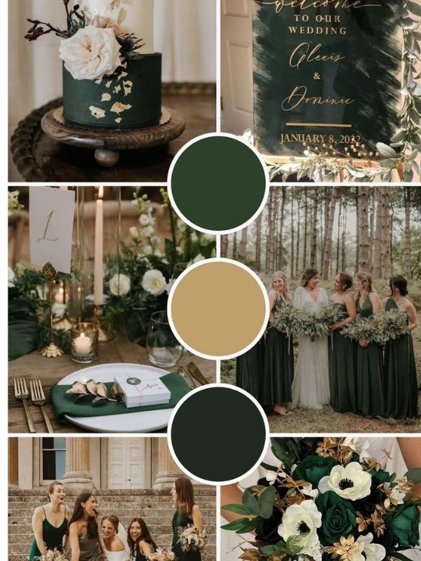 Emerald green and gold wedding mood board featuring luxury wedding decor, elegant florals, gold accents, formal attire, and sophisticated reception styling.