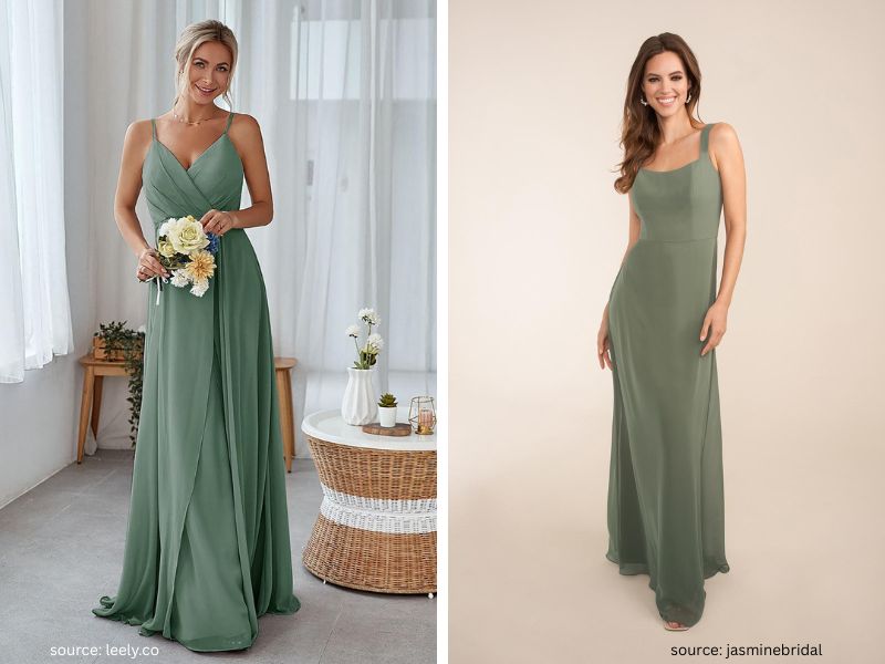 Bridesmaids wearing eucalyptus green dresses surrounded by natural wedding décor.