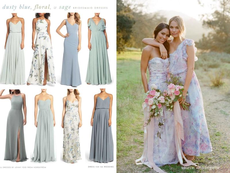 Bridesmaids wearing floral print and solid dresses for a unique wedding party style.