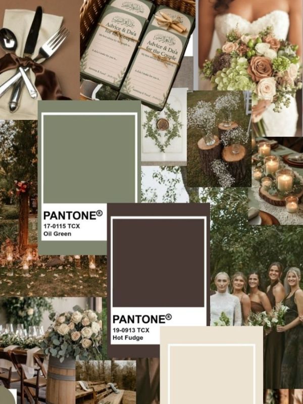 Forest green wedding mood board with natural wood details, greenery decor, rustic reception styling, and outdoor wedding inspiration.