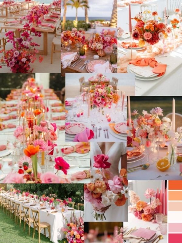 Fuchsia and orange wedding mood board showcasing bold colorful florals, vibrant wedding decor, festive reception styling, and summer wedding inspiration.