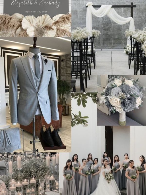 Gray and white wedding mood board featuring elegant monochromatic decor, sophisticated florals, and modern wedding reception inspiration.