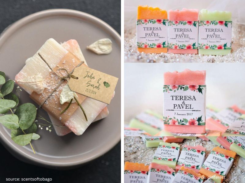 Handmade soap wedding favors wrapped in neutral paper with dried flowers and rustic styling