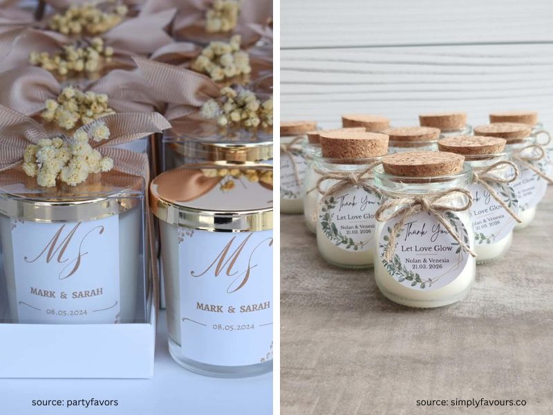 DIY mini candle wedding favors in glass jars with soft neutral labels