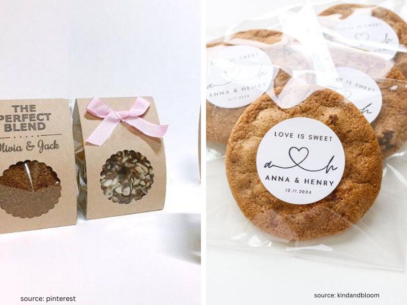 Wedding cookie favors packaged in clear boxes with ribbon and elegant minimalist design