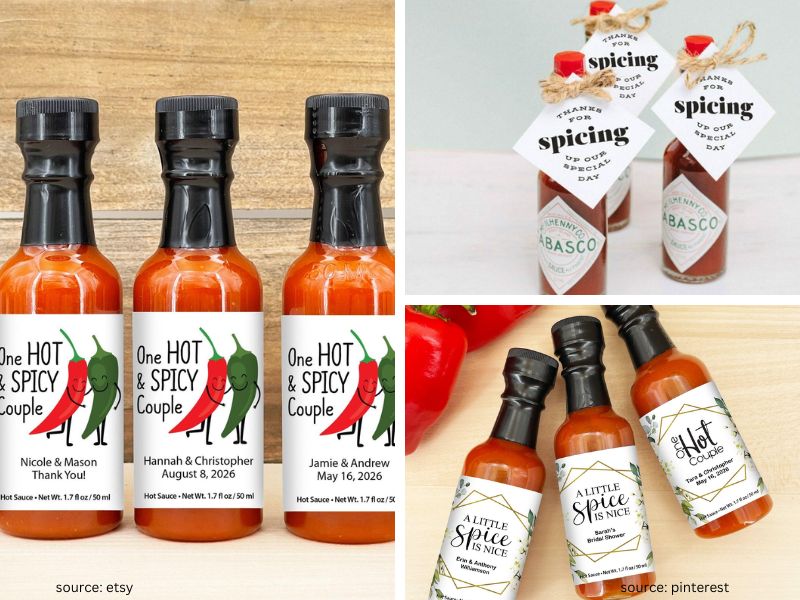 Mini hot sauce wedding favors in glass bottles with custom spicy themed labels