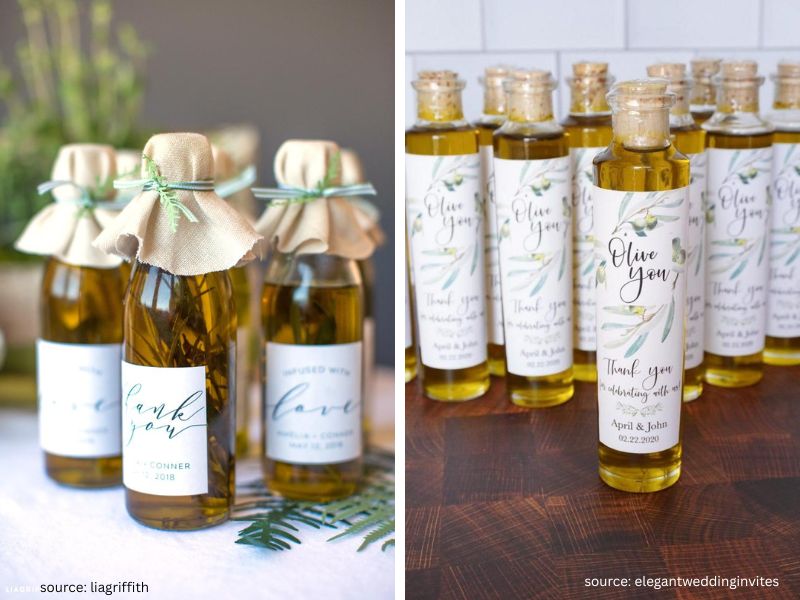 Elegant infused olive oil wedding favors in glass bottles with herbs and custom labels