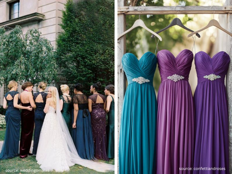 Bridesmaids wearing emerald, navy, burgundy, and plum dresses in a jewel-tone wedding palette.