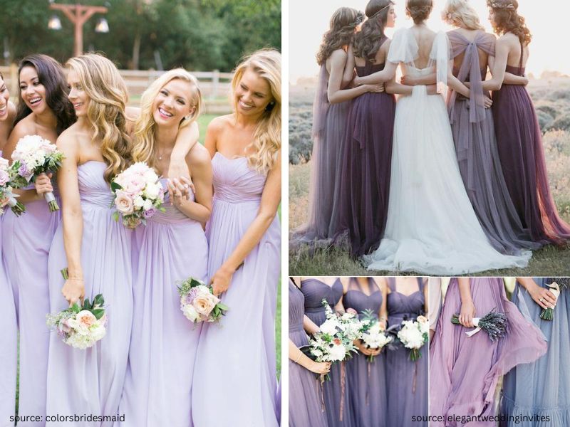 Bridesmaids wearing lavender and lilac dresses at a whimsical spring wedding.