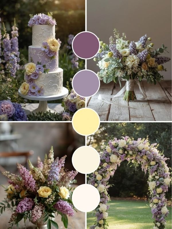 Lilac and lemon wedding mood board showcasing colorful spring florals, cheerful wedding decor, pastel styling, and garden wedding inspiration.