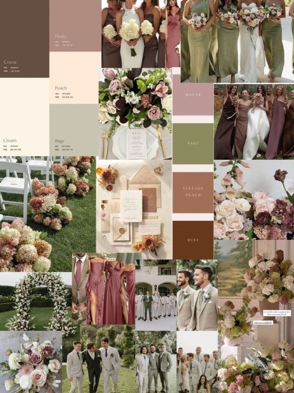 Mauve and sage wedding color combo featuring romantic florals, greenery accents, elegant wedding decor, and garden wedding styling.