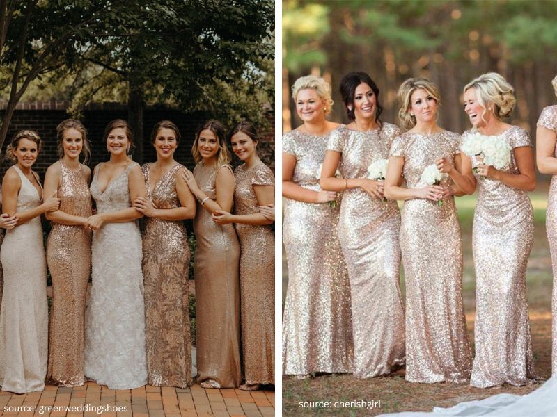 Bridal party wearing metallic bridesmaid dresses with a glamorous wedding theme.